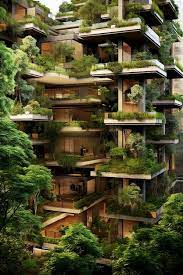 A green residential building covered in terraces full of plants and trees