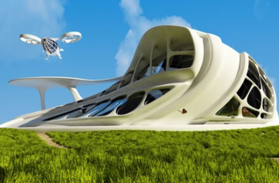 Futuristic organic-shaped building concept set in a grass field with a small drone flying nearby