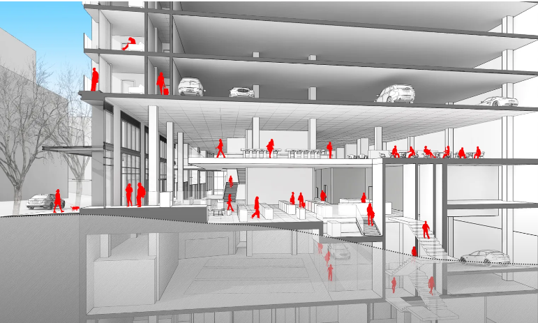 Architectural cross-section rendering of a mixed-use building repurposed with retail and gathering space