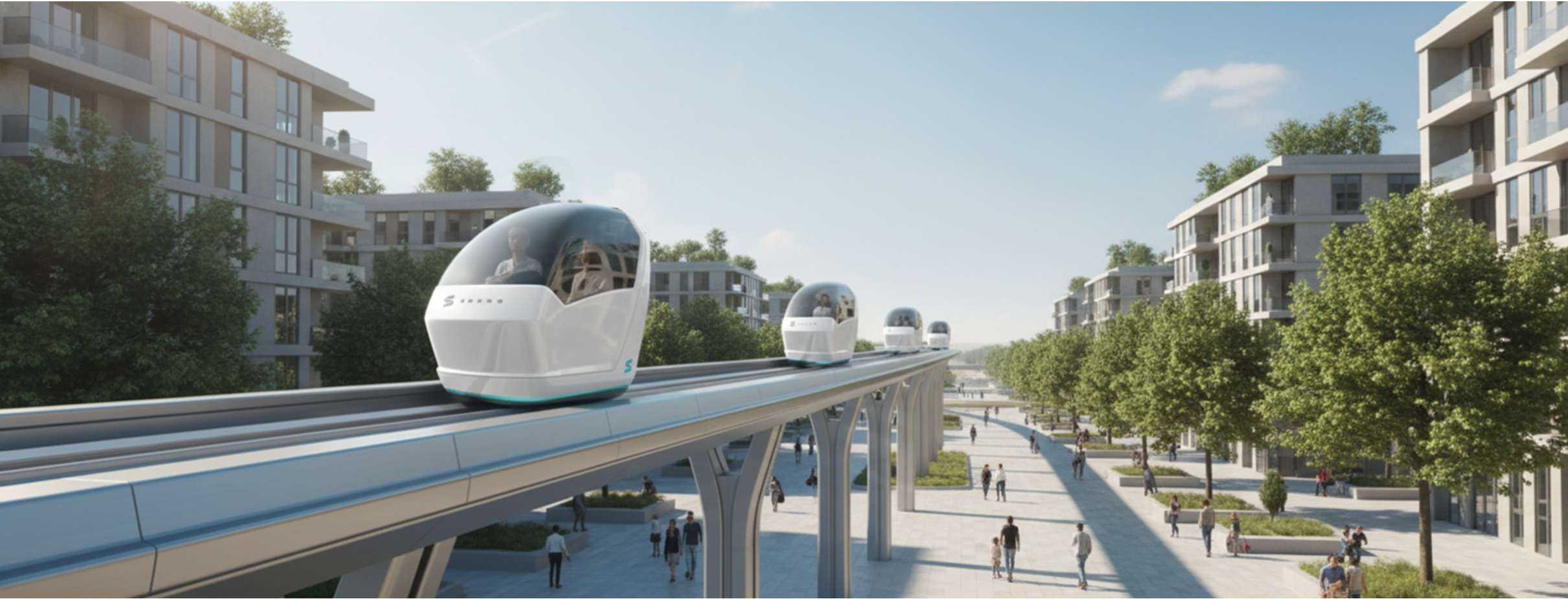 Concept rendering of SNAAP pods on an elevated guideway through a city street